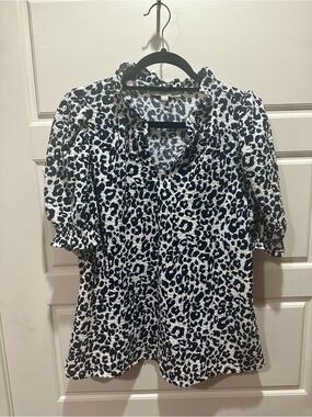 LOFT Navy and White Leopard Print Ruffle V-Neck Puff Sleeve Blouse
